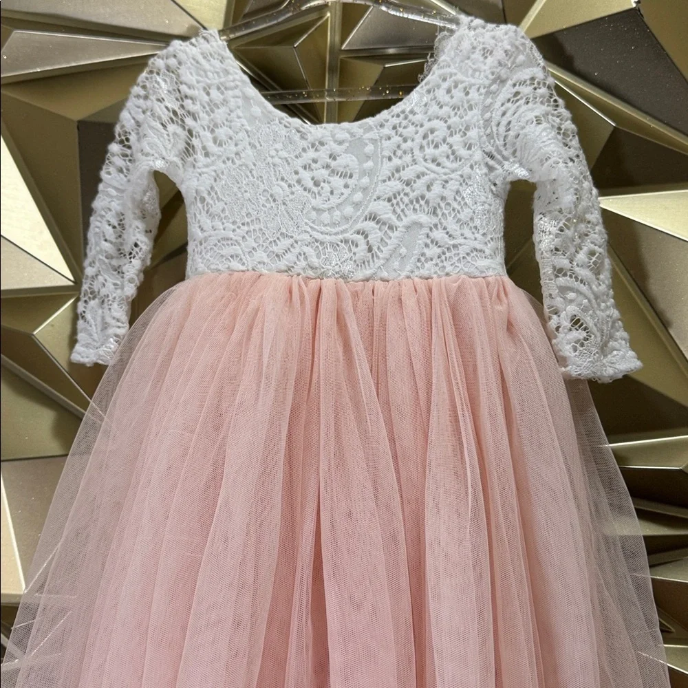 Girls White Lace‎ and Pink Tulle Long Sleeve Flower Girl Special Occasion Dress